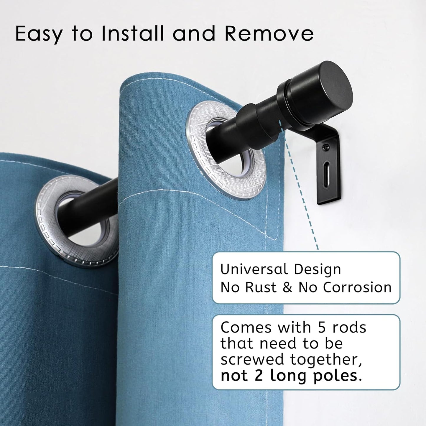 Byondeth Curtain Rods - Adjustable 16 to 88 Inches | 1 Inch Diameter | Black Aluminum Finials - 2 Pack