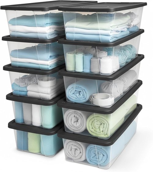 HOMZ 10-Pack Snaplock Storage Bins - Clear Plastic Organizer Containers with Lids, 6 Quart, Gray | Stackable for Home & Office