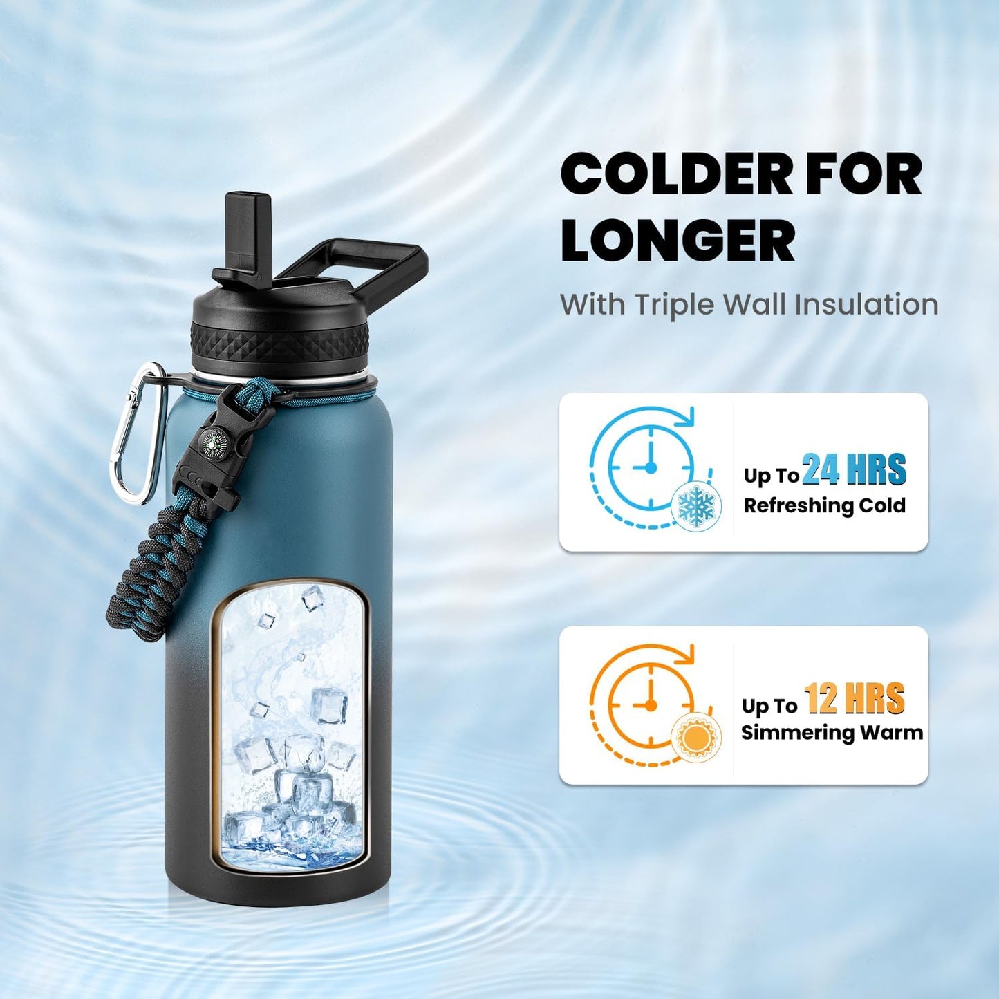 Skiennix Insulated Water Bottle - 32 Oz Triple Wall Vacuum Stainless Steel | Cold for 48 Hrs, Hot for 24 Hrs, Leak Proof
