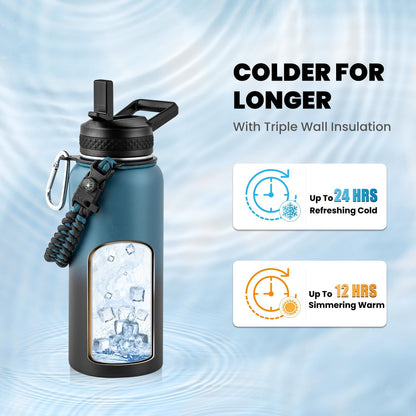 Skiennix Insulated Water Bottle - 32 Oz Triple Wall Vacuum Stainless Steel | Cold for 48 Hrs, Hot for 24 Hrs, Leak Proof