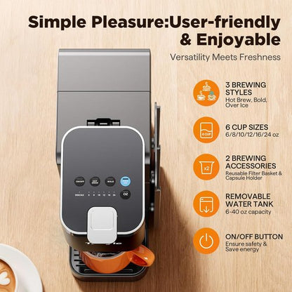 Hot & Iced Coffee Maker - Magnetic K-Pod Organizer, 40oz Removable Tank, Brews 4-5 Cups, Black
