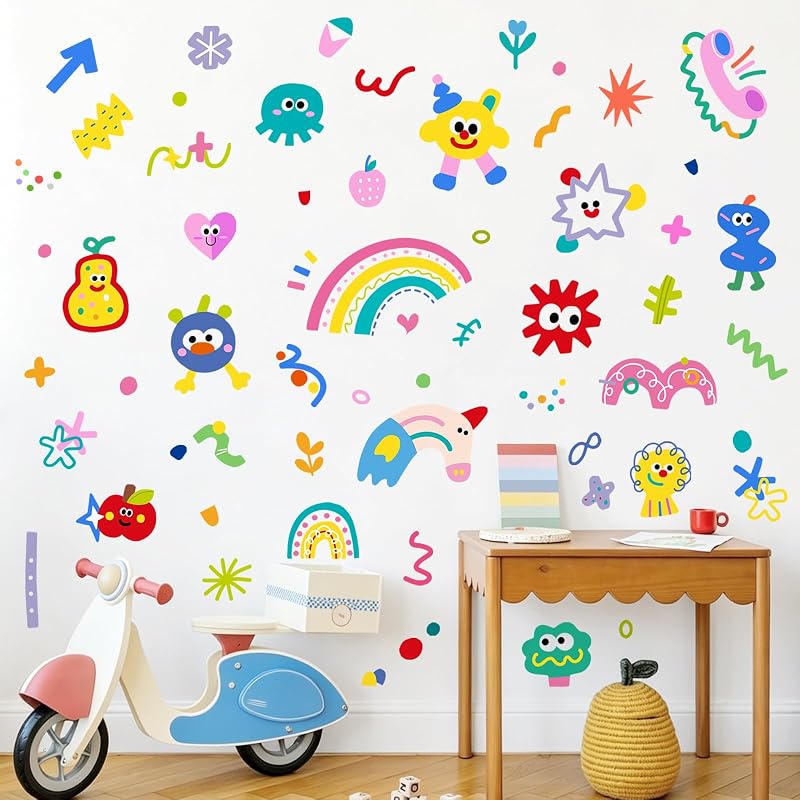 Tanlaby Abstract Shape Wall Decals – Rainbow Fruit Geometric Vinyl Stickers (9 Sheets 7.8x11.8 in)
