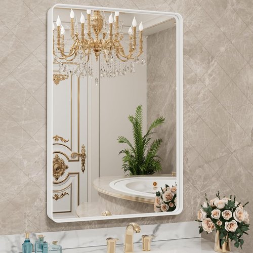 LOAAO White Metal Framed Bathroom Mirror - Large 24x36 Inch Rounded Rectangle | Anti-Rust, Versatile Hanging Options