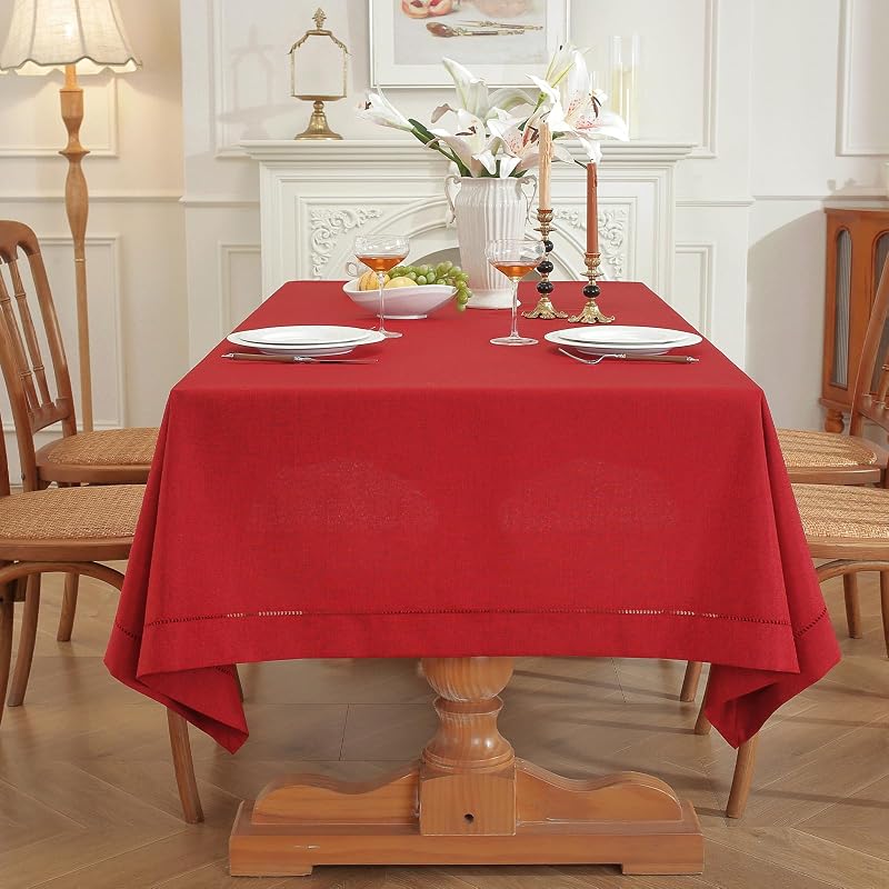 Red Hemstitch Tablecloth – Faux Linen 86" × 60" Rectangle, Handmade Fringe