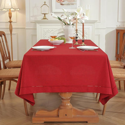 Red Hemstitch Tablecloth – Faux Linen 86" × 60" Rectangle, Handmade Fringe