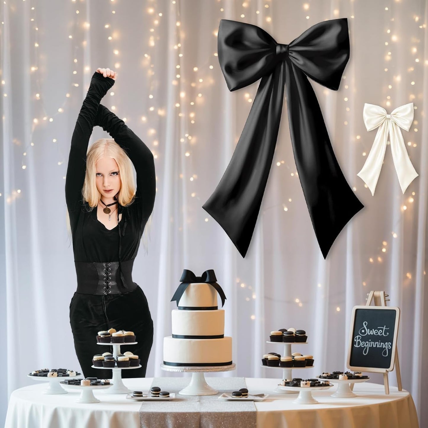 Skiennix Black & White Bow Decor - 2 Pack Large & Small Coquette Room Backdrop for Events