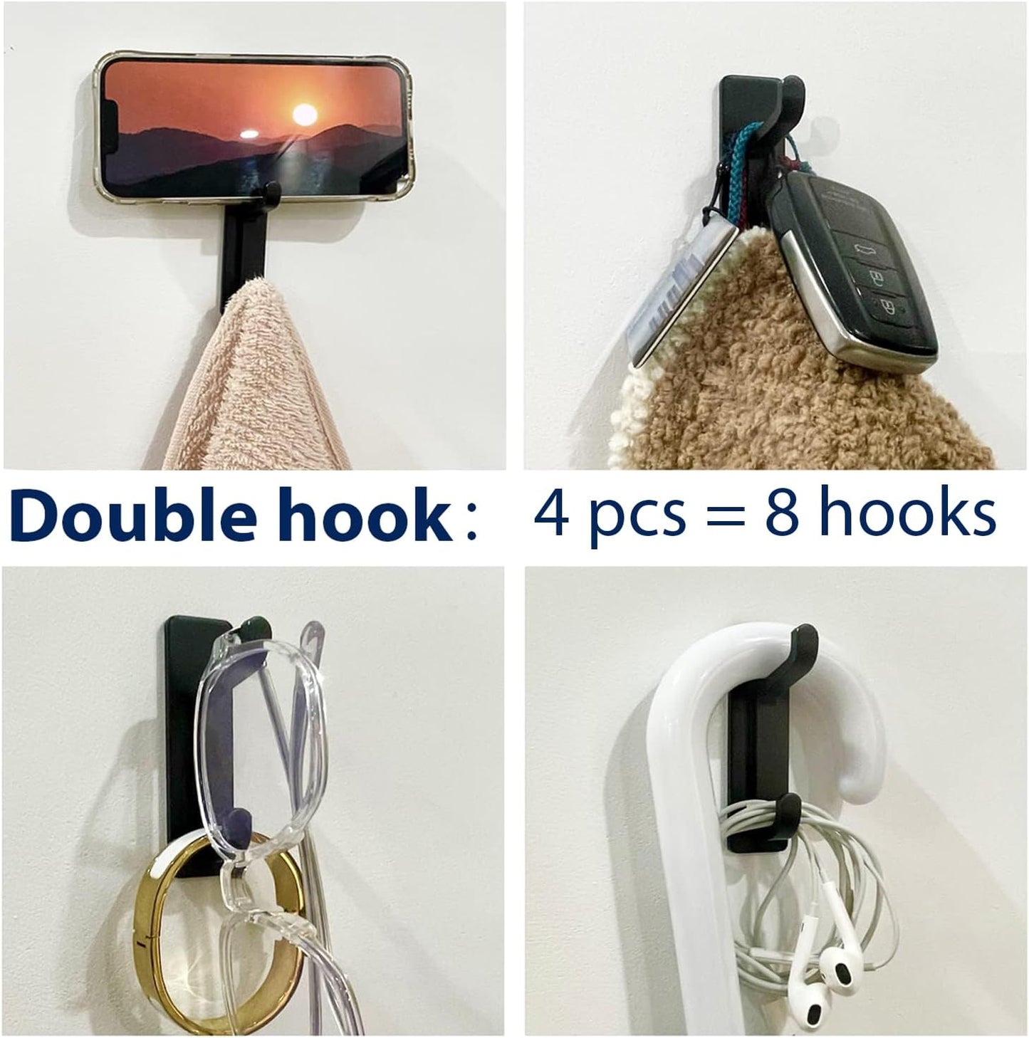 Pickpiff Wall Hooks - 13LB Strong Adhesive Coat & Towel Hangers | Black 4-Pack for Easy Organization