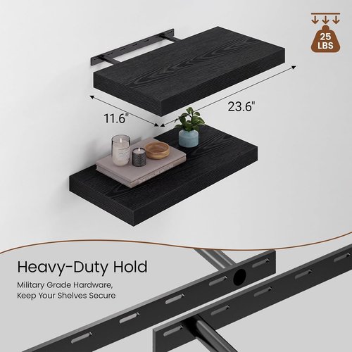 Heimlove 12" Deep Black Floating Shelves - Set of 2 Wall-Mounted Storage for Living Room, Bathroom & Office