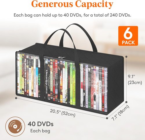 Lifewit DVD Storage Bags - Clear PVC Organizer with Handles & Zipper | Holds 240 DVDs (6 Pack)