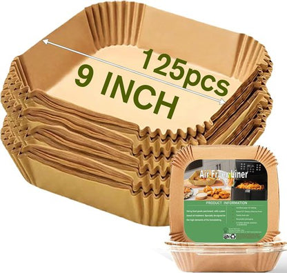 Large Air Fryer Disposable Paper Liners - 9 Inch, 125 Pcs Oil-Proof & Water-Proof Parchment Baking Paper