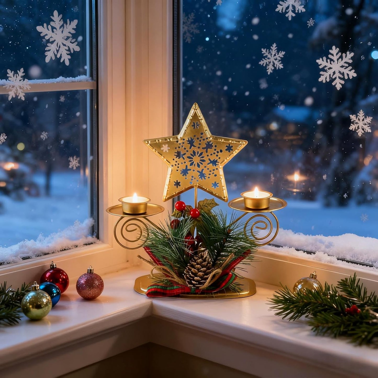 Christmas Candle Holders - Metal Table Centerpiece with Artificial Berries & Pine Cones | Festive Decor