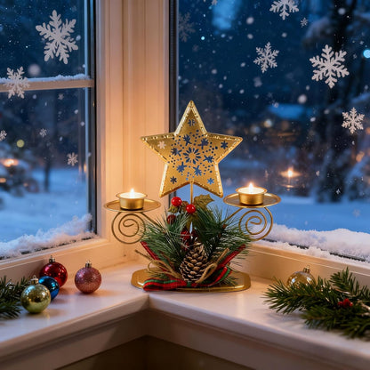 Christmas Candle Holders - Metal Table Centerpiece with Artificial Berries & Pine Cones | Festive Decor