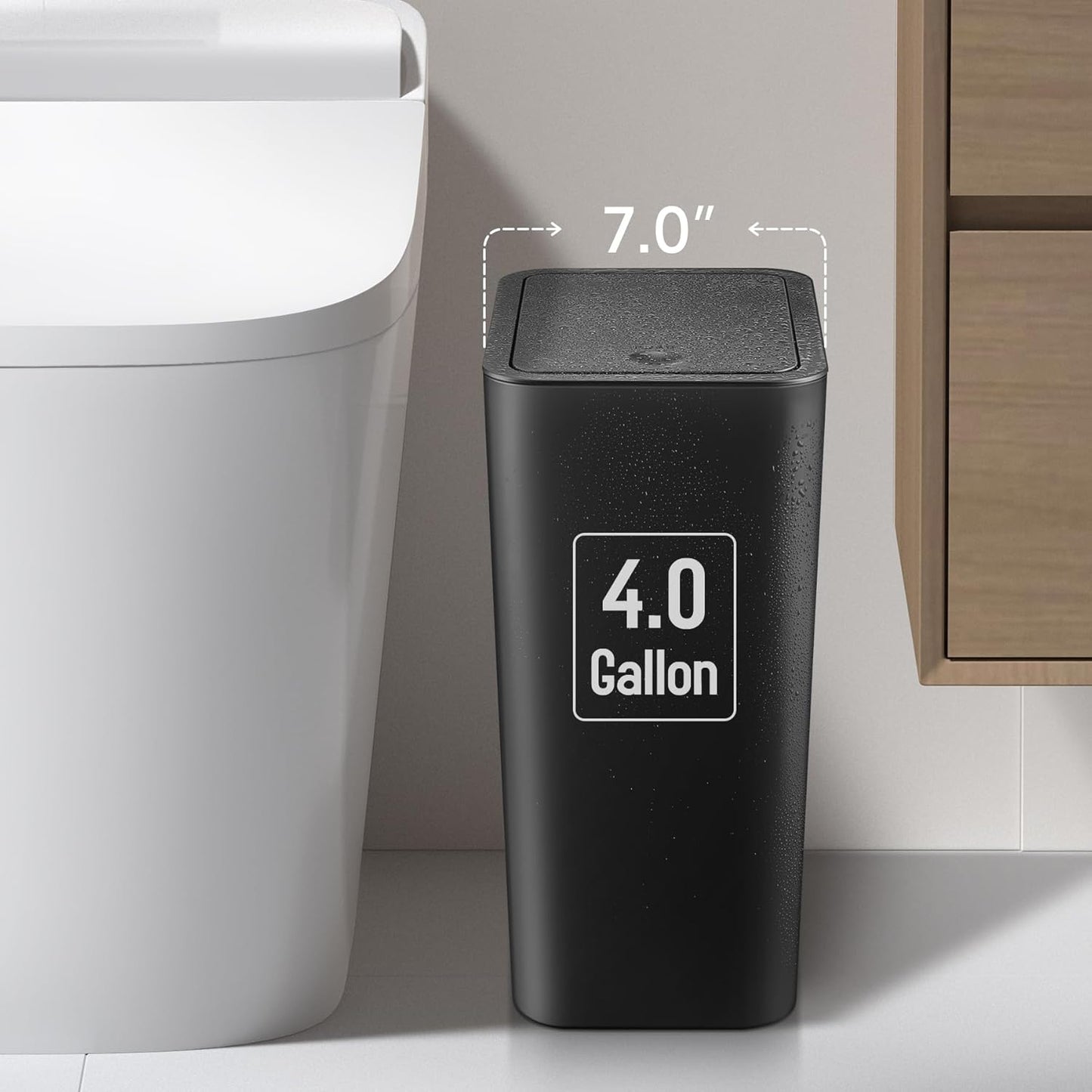 TIPGO Bathroom Trash Can - 4 Gallon Press Top Bin with Pop-Up Lid | Black Plastic Wastebasket for Home or Office