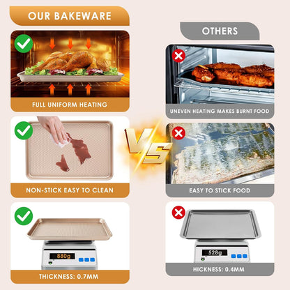 Skiennix Nonstick Baking Sheet Pan Set - 3 Heavy-Duty Carbon Steel Cookie Sheets | Easy Clean Rose Gold