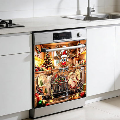 New Christmas Reindeer Dishwasher Door Sticker - Waterproof Vinyl Decal (Variation: New+Christmas Reindeer)