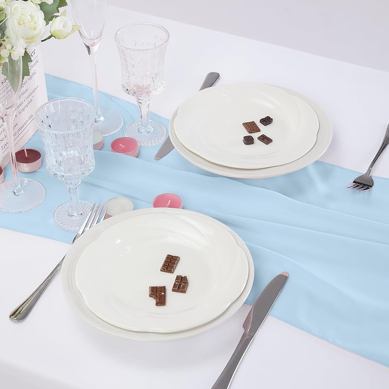 12 Pack 14x108 Inch Blue Mist Chiffon Table Runner - 9 ft for Weddings, Parties