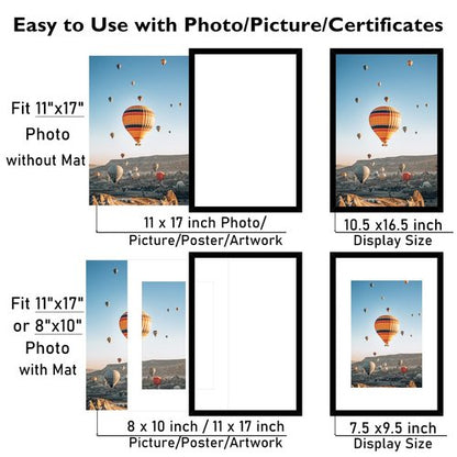 JCJMY 11x17 Picture Frame Black with 8x10 Mat, Display Photo 8x10 with Mat or 11 x 17 Without Mat, Wall Hanging Large 11x17 Poster Frame with Shatter Resistant Plexiglass, Black