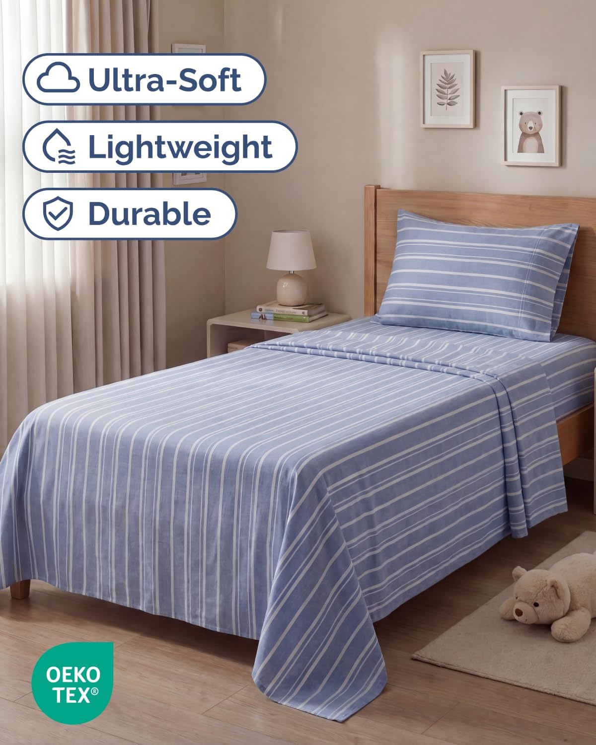 Skiennix Twin Size Sheet Set - Comfy Cooling Bed Sheets with Deep Pockets - Luxury Oeko-Tex Blue Stripes