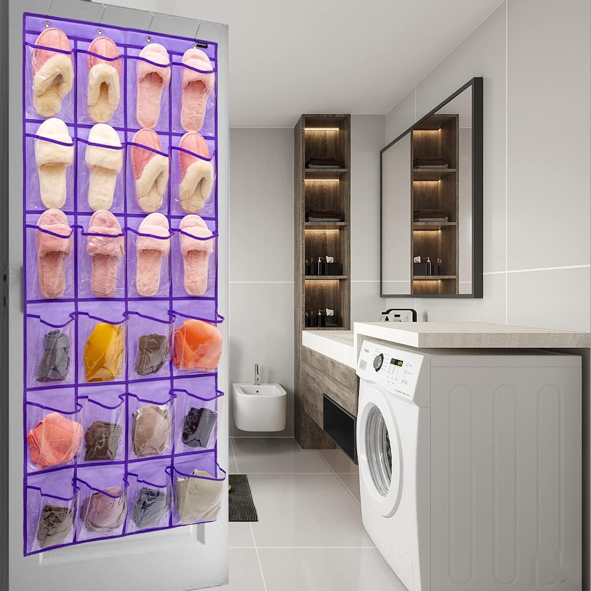 Skiennix Modern Over-The-Door Shoe Rack Organizer - 24 Clear PVC Pockets, Purple