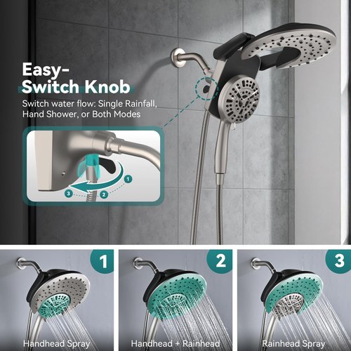 Rain Shower Head with Handheld: Foldable High Pressure Shower Heads with Handheld Spray Combo, 9 Spray Settings/Modes Hand Held Showerhead Dual Rainfall Shower Head Built-in Magnetic Docking and Jets