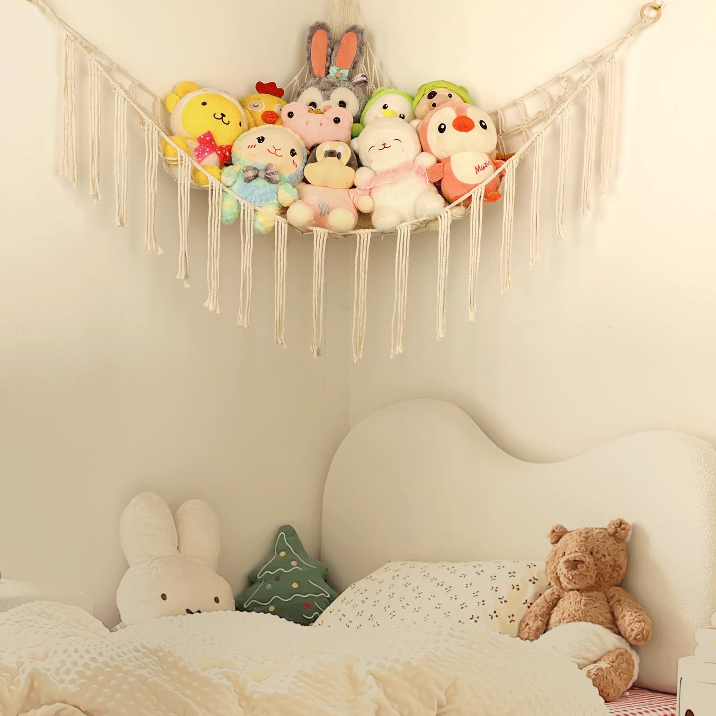 Stuffed Animal Hammock Corner, Hand-knitted Large Plushie Net Toy Hammock with Wooden Rings | Boho Cute Stuff Animal Storage for Nursery & Bedroom | Mesh Kids Toy Organizer Holder Nursery Room Decor