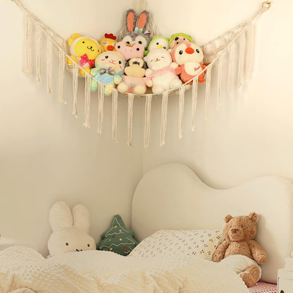 Stuffed Animal Hammock Corner, Hand-knitted Large Plushie Net Toy Hammock with Wooden Rings | Boho Cute Stuff Animal Storage for Nursery & Bedroom | Mesh Kids Toy Organizer Holder Nursery Room Decor