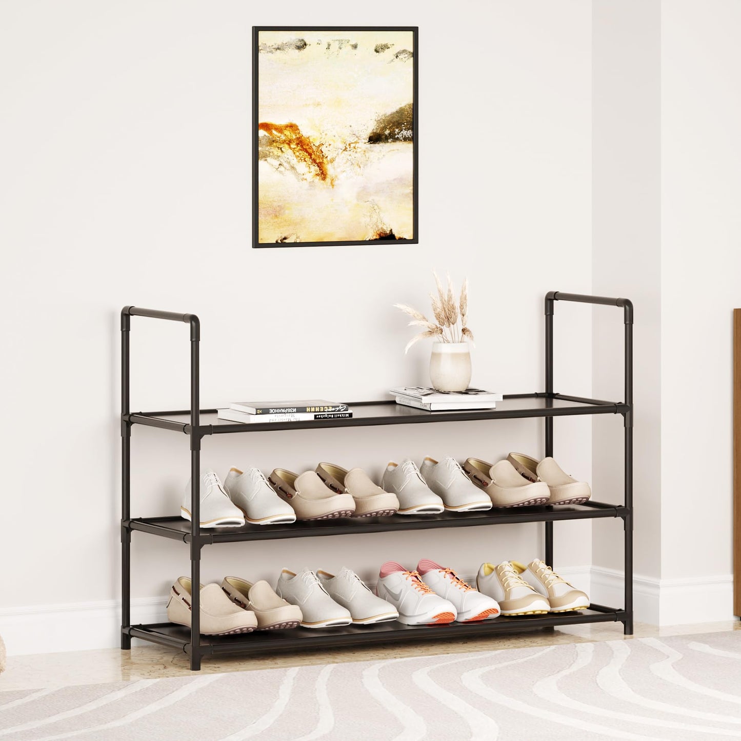 Vockot 3-Tier Stackable Shoe Rack, Sturdy & Durable Long Shoe Shelf Storage Organizer for Entryway, Bedroom, Floor,10-12 Pairs of Shoes,Black