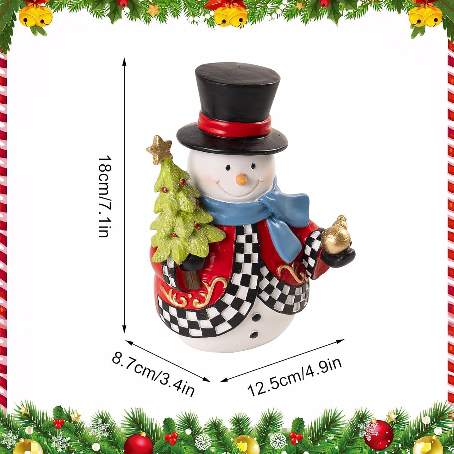 Snowman Figurines - 7.1x4.9 Inch Resin Black and White Checkered Christmas Decor | Indoor Holiday Tabletop Accent
