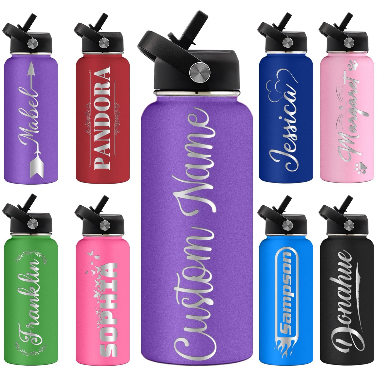 Personalized Water Bottles with Straw Lid Custom Water Bottle 32oz Customize Engraved Name Stainless Steel Insulated Sport Bottles for School Gym Boys Women Men