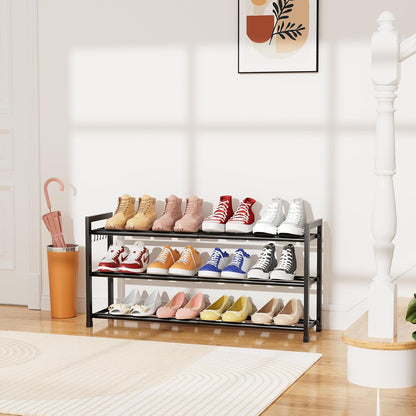 Skiennix Expandable Shoe Rack - Adjustable Metal Organizer for 12 Pairs | 3-Tier Free Standing Design, Black