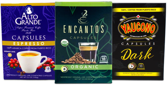 Puerto Rican Coffee Capsules Variety Compatible with Nespresso Machines, 54 Count (18 Alto Grande Espresso, 18 Encantos Organic, 18 Yaucono)