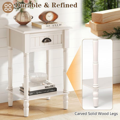 Vintage Nightstand Set of 2 with Solid Wood Legs - 10-Minute Assembly, Off-White (Variation: White+2)