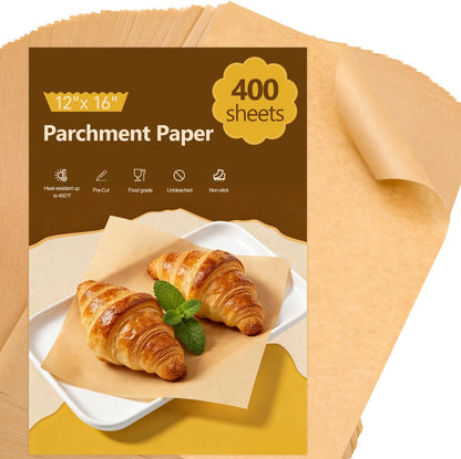 Skiennix Silicone Coated Parchment Paper Sheets - 400 Pcs Unbleached, Non-Stick for Baking & Cooking | 12x16 Inch