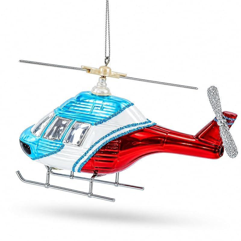 Blue Red Helicopter Glass Christmas Ornament