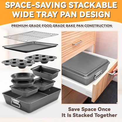 Skiennix Nonstick Bakeware Set - 12PCS Carbon Steel Baking Pans with Easy Grip & Oven Mitts