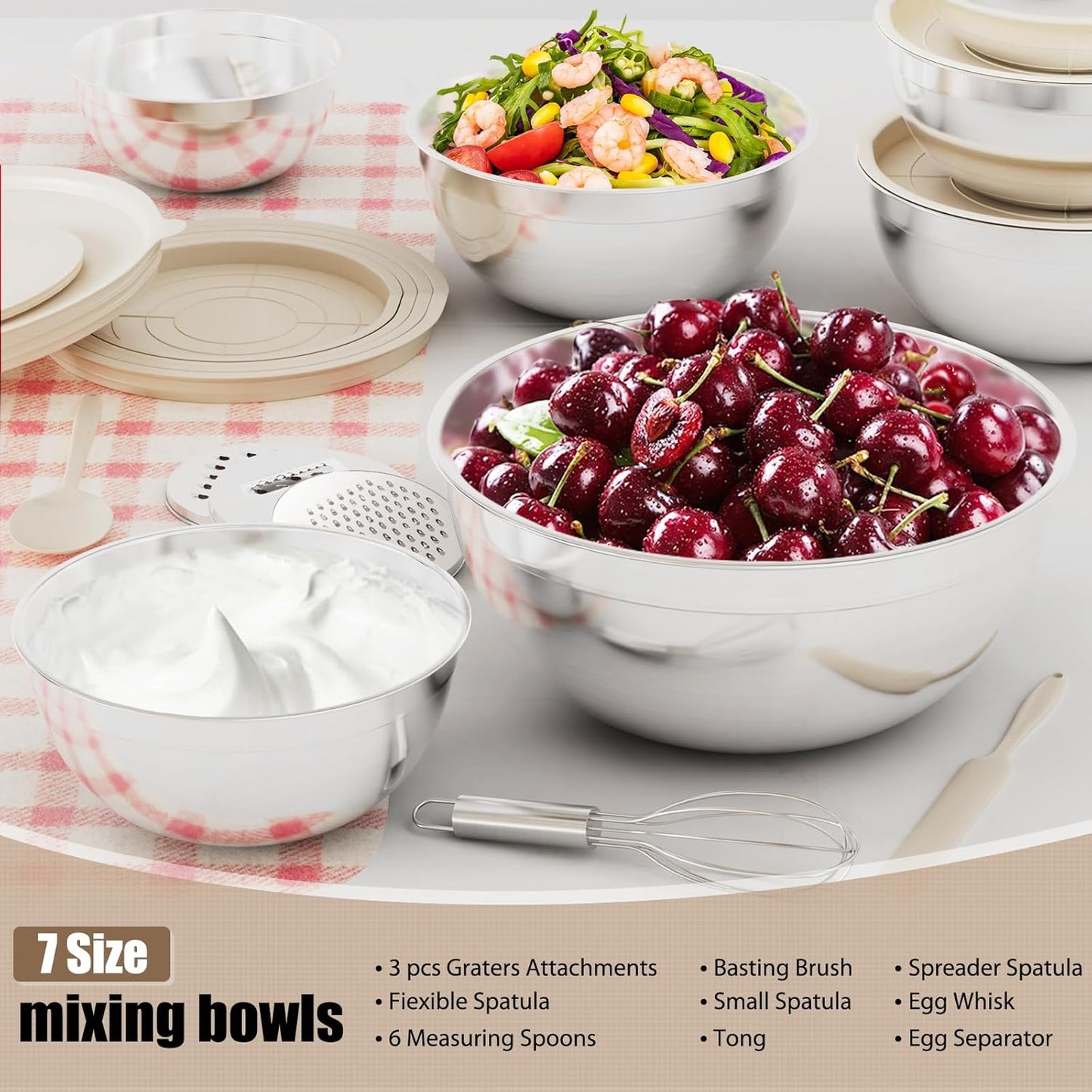 Stainless Steel Mixing Bowls Set by [Brand Name] - 7-Piece with Lids & Grater Attachments | Perfect for Cooking & Baking, Khaki