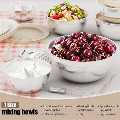 Stainless Steel Mixing Bowls Set by [Brand Name] - 7-Piece with Lids & Grater Attachments | Perfect for Cooking & Baking, Khaki