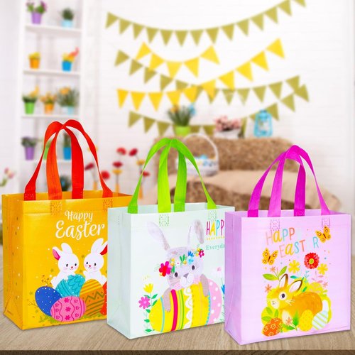 Exun Happy Easter Gift Bags with Handles, Bunny Carrot Chick Designs, Reusable Non-Woven Treat Bags for Party Favors, Gift Wrapping, Easter Basket Container, 9.1×8.7×4.5 inch, 6-Pack