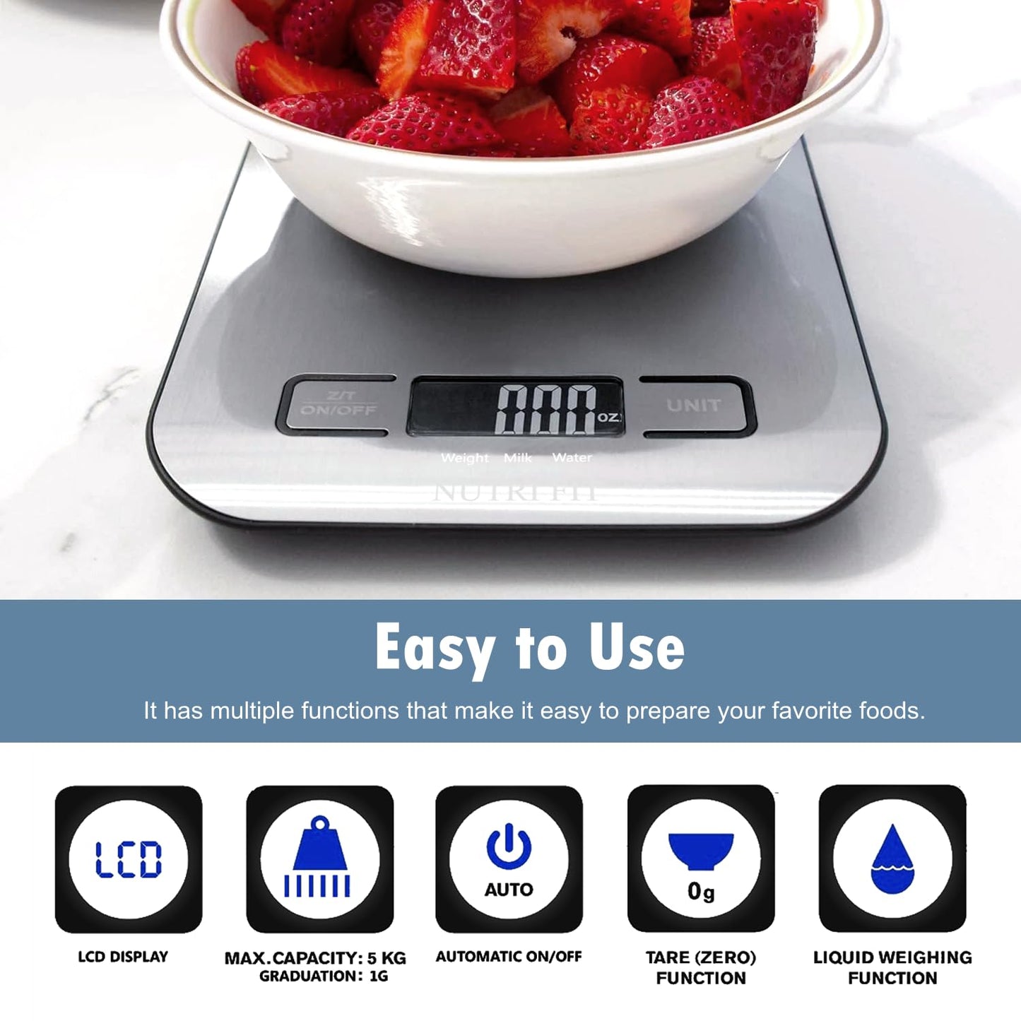 NUTRI FIT Digital Food Scale - Accurate Weight Measurement for Cooking & Baking | Max 11lb, 1g Increment, Stainless Steel, Backlight LCD