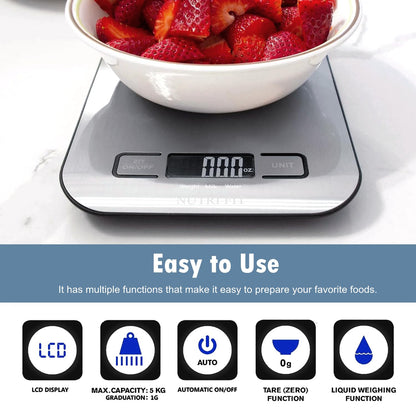 NUTRI FIT Digital Food Scale - Accurate Weight Measurement for Cooking & Baking | Max 11lb, 1g Increment, Stainless Steel, Backlight LCD