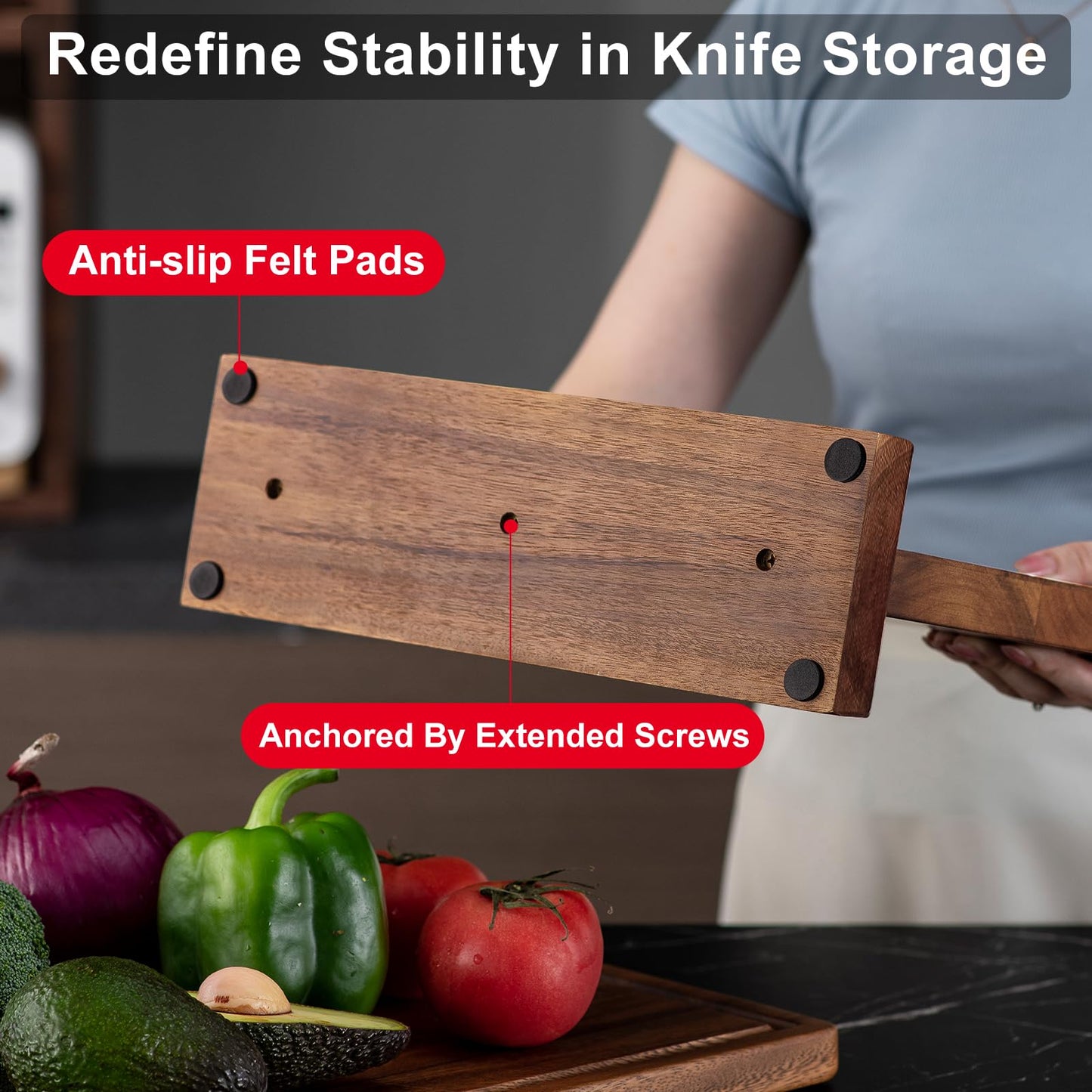 Magnetic Knife Block Acacia Wood -Double Sided Magnetic Knife Holder Rack for Kitchen Counter -Universal Knife Block Without Knives Wooden Multifunctional Storage Fully Assembled (12 x 10 inches)