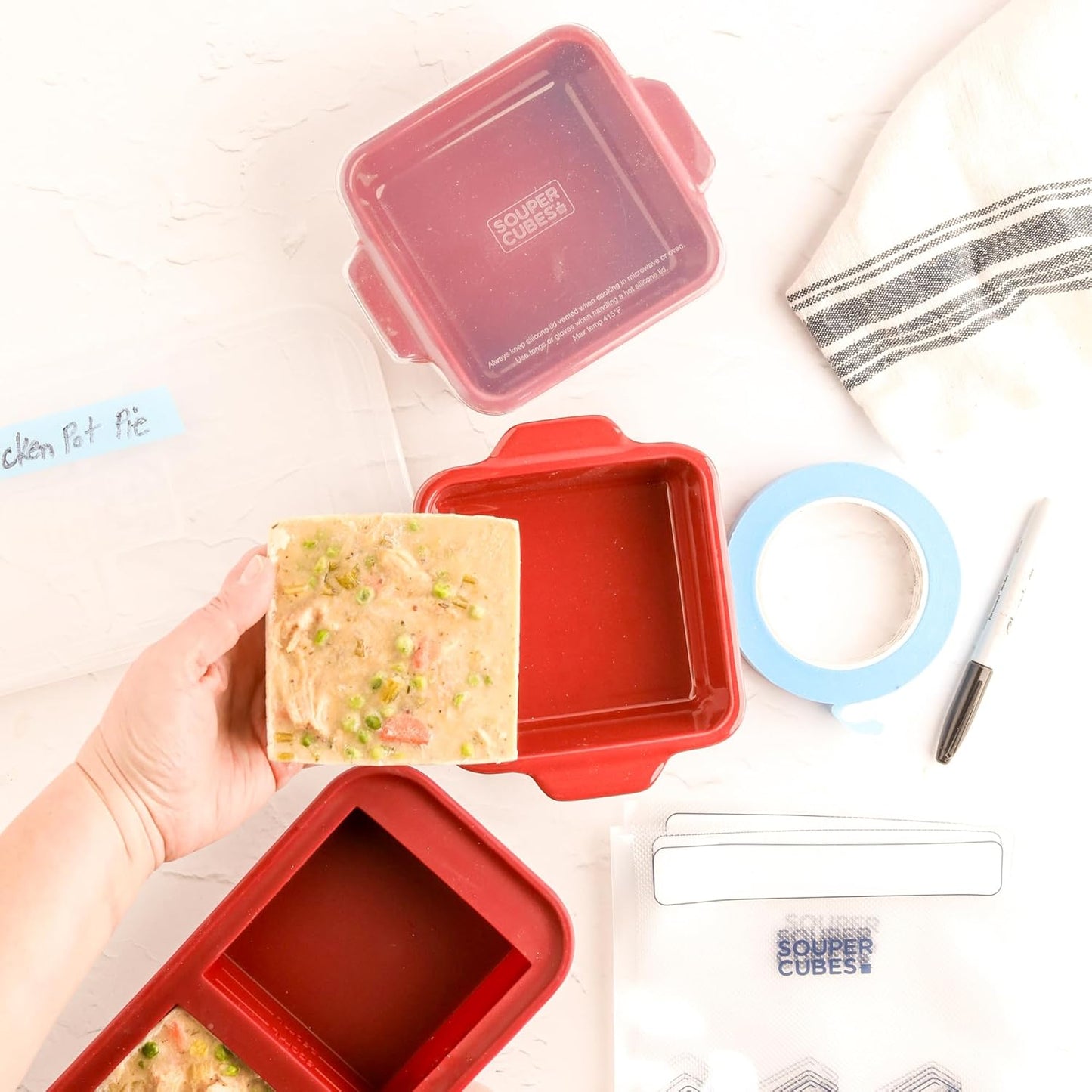 Souper Cubes Stoneware Baking Dishes - Premium 5" x 5" Mini Ceramic Set with Silicone Covers - Cranberry