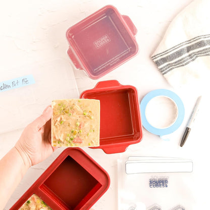 Souper Cubes Stoneware Baking Dishes - Premium 5" x 5" Mini Ceramic Set with Silicone Covers - Cranberry