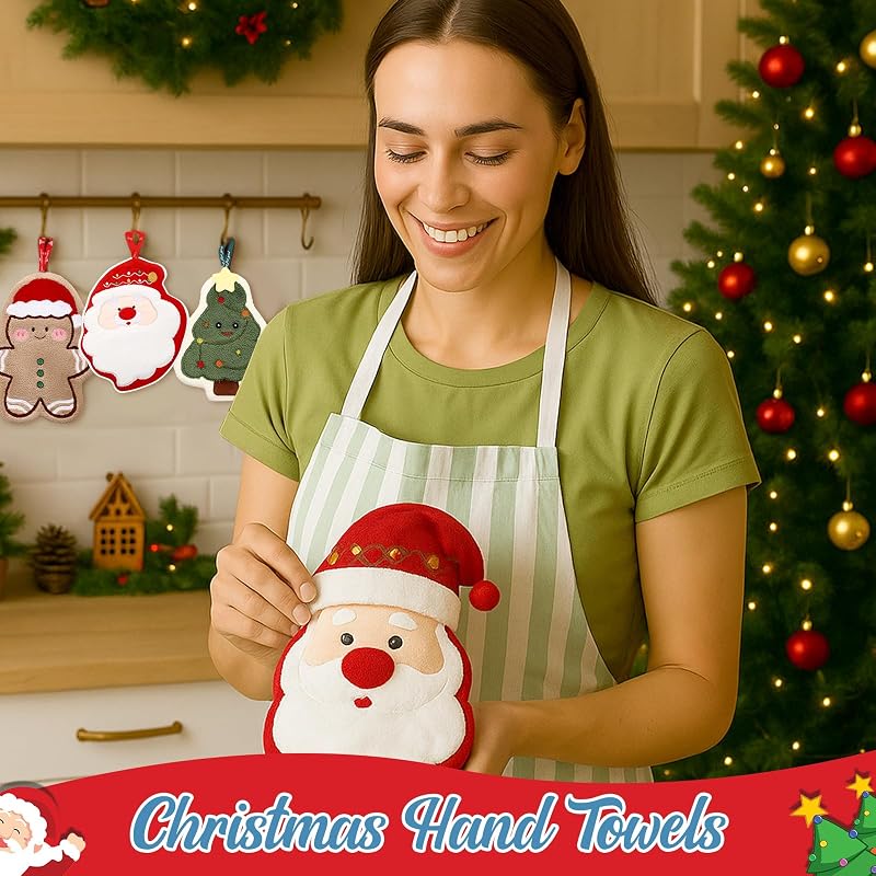 Christmas Hand Towels Set of 3 - Santa, Gingerbread Man & Christmas Tree – Hanging Kitchen & Bathroom Towel