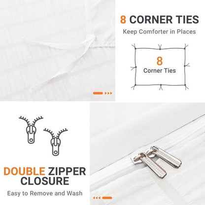 HYMOKEGE White Duvet Cover Queen Size, Ultra Soft 3-Piece Seersucker Duvet Cover Set with Zipper Closure, Soft Brushed Microfiber Bedding Set with 8 Corner Ties (90"x90", 2 Pillowshams)