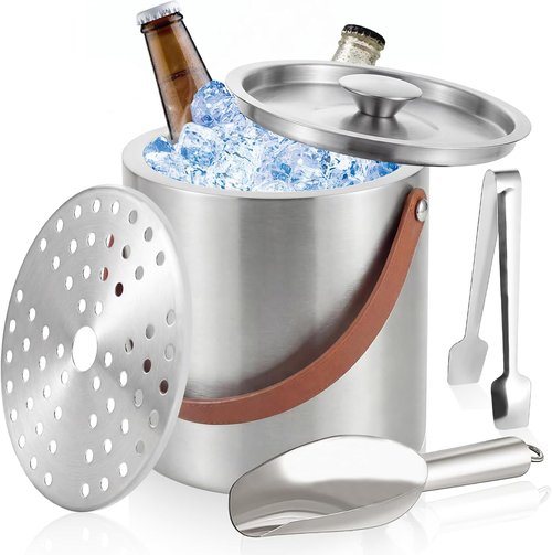 Loungewave Ice Bucket with Lid, 3L Double Wall Insulated Ice Bucket with Scoop, Tong, Strainer and Leather Handle, Ice Container to Keep Ice Frozen Longer, Ideal for Cocktail Bar, Parties