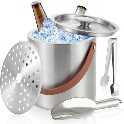 Loungewave Ice Bucket with Lid, 3L Double Wall Insulated Ice Bucket with Scoop, Tong, Strainer and Leather Handle, Ice Container to Keep Ice Frozen Longer, Ideal for Cocktail Bar, Parties