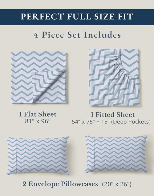LANE LINEN 100% Organic Cotton Full Size Sheet Set - Soft, Comfy, Temperature Regulating Percale Bedding | Chevron Print