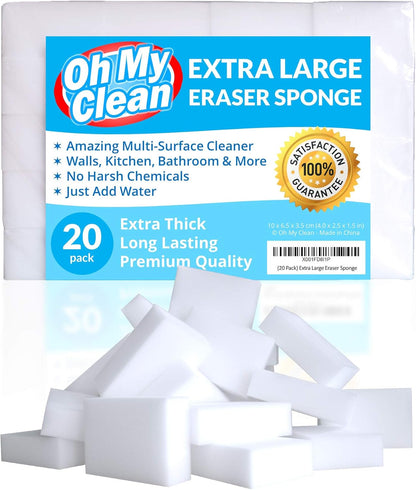 Skiennix Extra Large Eraser Sponge - Extra Thick, Long Lasting Magic Melamine Cleaning Pads | 20 Pack, White