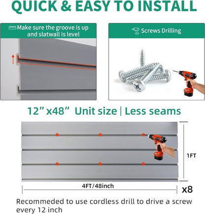 FRAYSCENT Slat Wall Paneling - Durable Garage Storage System | Power Tool Organizer, Grey 4ft x 8ft